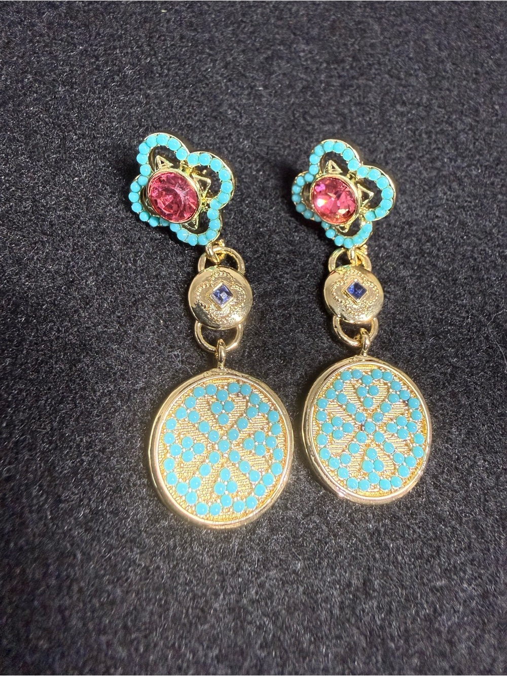 Rare Anthropologie Gold Turquoise Pink Drop Earrings Bohemian Chic Women Jewelry - Picture 3 of 5